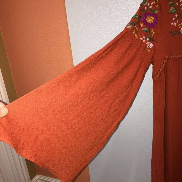 Umgee Womens Small Orange Floral Embroidered Flared Sleeve Blouse Top Shirt Sz S - Picture 6 of 9